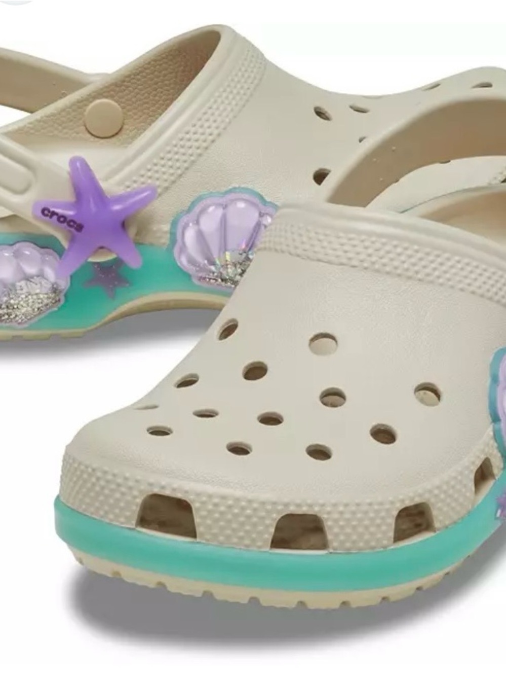 CROCS Kids Cream Clogs with Aqua Trim and Purple Mermaid Charms